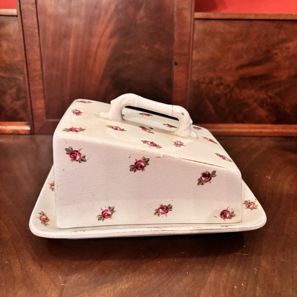 Antique Grimwades Stoke on Trent England Rose Floral Cheese Butter Dish & Cover